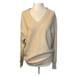 Philosophy Classic V-Neck Sweater Oatmeal Tan Ribbed Knit Long Sleeve L
